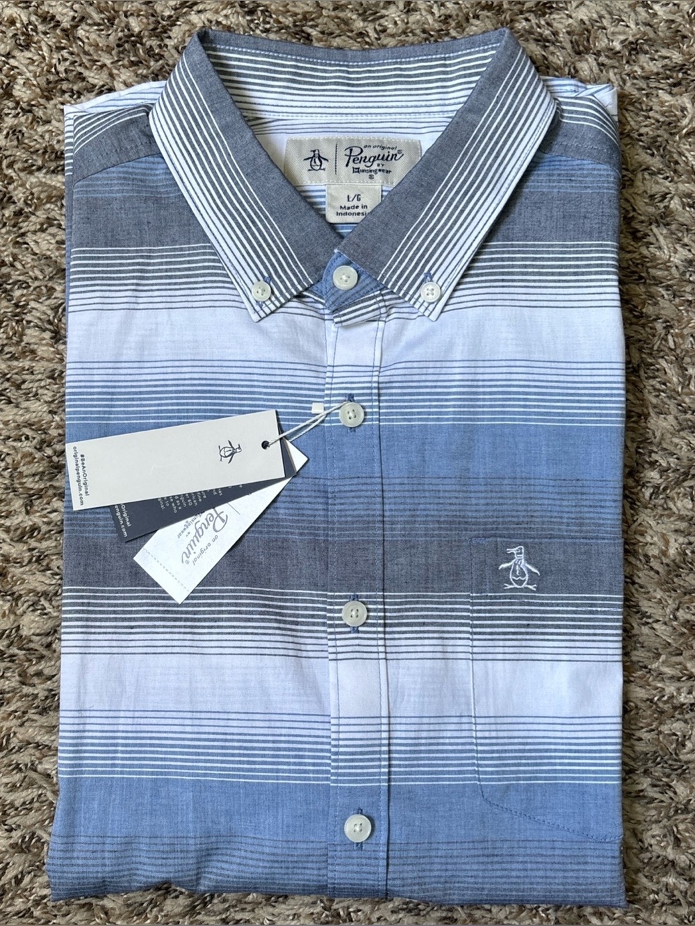 Original Penguin Men's Blue and White Striped Button-Down Shirt